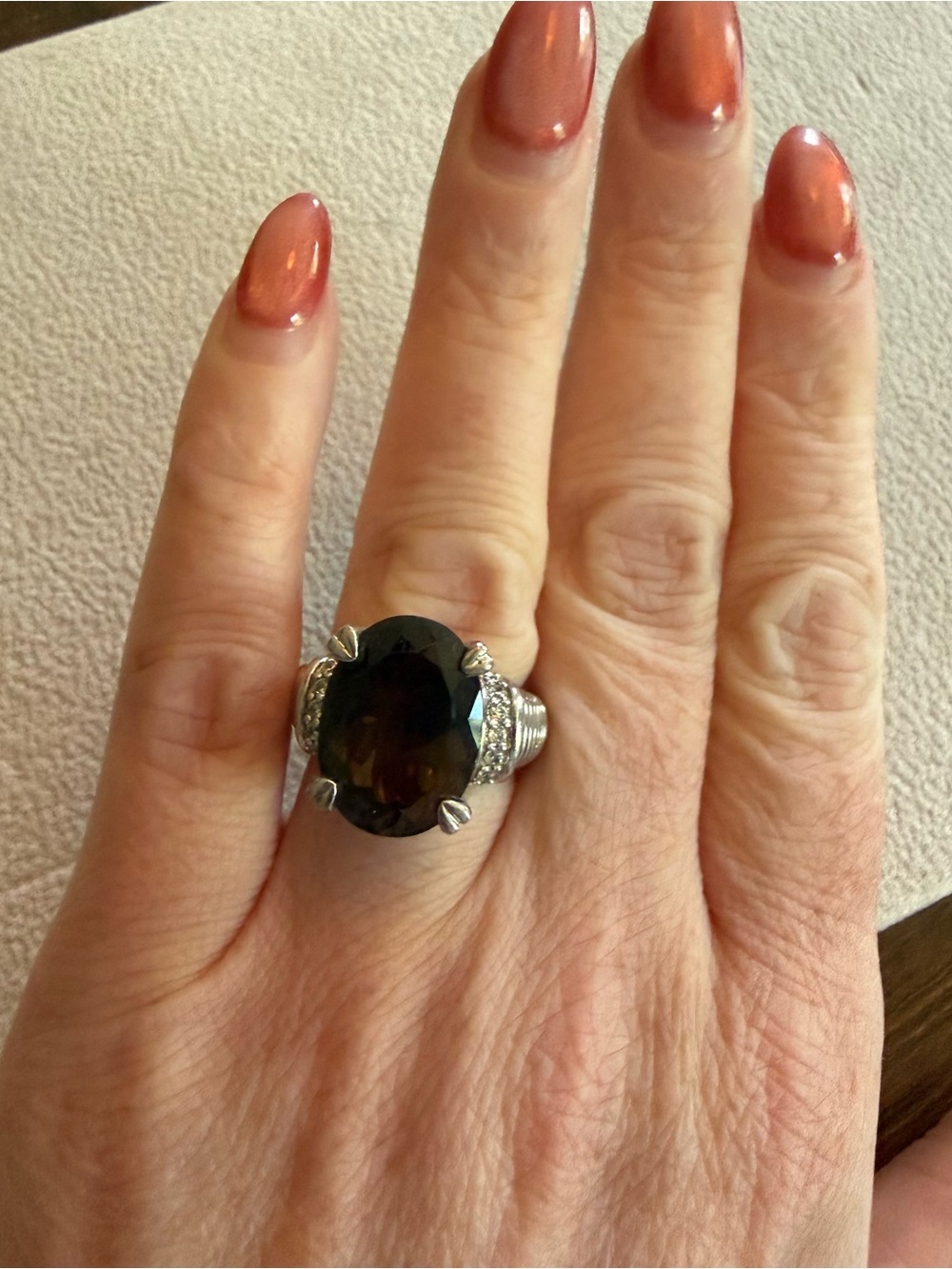 Judith Ripka size 5 Smoky Quartz Oval Statement Ring in Sterling Silver